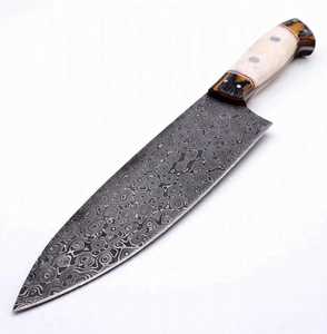 Couteau de chef artisanal en acier Damas de 8 pouces avec manche en os et bois, personnalisable OEM - Product Image 2