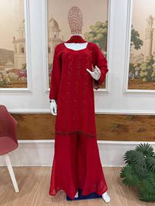 <b>Red</b> Women Indian Pakistani Suit Set Embroidered Crepe Kurta Palazzo Elegant Festive Outfit - Product Image 1