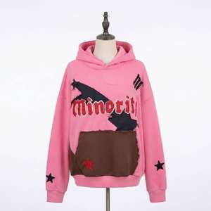 Sudadera con Capucha Oversize Rosa con Diseño de Parches y Estampado Minoritario, Aplique de Estrella, Bolsillo Frontal, Unisex, para Otoño - Product Image 1