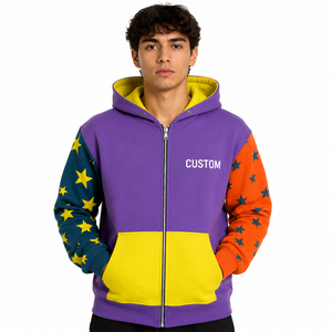 Custom Color Block Full Zip Hoodie Star Print Contrast Sleeve Fleece Streetwear Hoodies OEM ODM Private <b>Label</b> Wholesale Supplier - Product Image 1