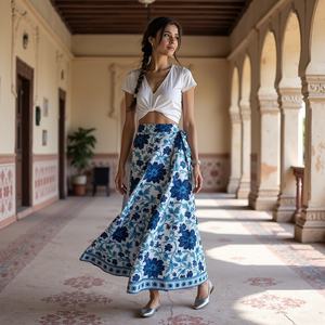 Falda hasta el tobillo estilo bohemio elegante con estampado floral azul para niñas - Product Image 3