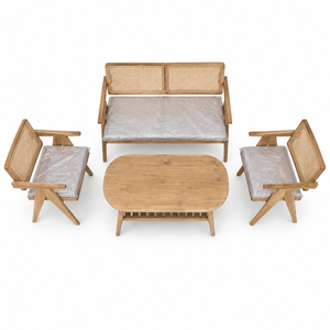 Modern Scandinavian Malmo Teak Rattan Non-Foldable Living Room Set Natural Finis Premium Oval Coffee Table Shelf <b>Cane</b> <b>Sofa</b> Hotel - Product Image 4