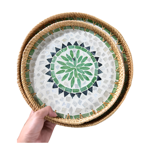 Natural Vietnam Rattan Decorative <b>Tray</b> with Mother of Pearl Mosaic for Coffee Table Display and Home Decoration Use - Product Image 4
