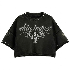 High Quality OEM Custom Logo Y2K Rhinestone <b>Crop</b> <b>Top</b> <b>Men</b> Acid Wash Distressed Oversized T-shirt 100% Cotton Goth Streetwear - Product Image 1