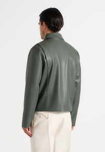 Men's Green PU Leather <b>Bomber</b> <b>Jacket</b> Turn-Down Collar Zipper Closure Casual Style Autumn Wear - Product Image 2
