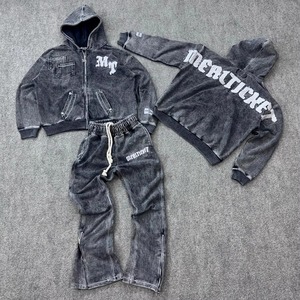 Conjunto de 2 piezas de chándal de invierno vintage personalizado OEM para hombre, con capucha, estilo urbano, estampado, lavado ácido, pantalones acampanados con dobladillo sin rematar - Product Image 5