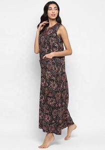 Smart Hot Summer Grey Maroon Flower Motif Hand Block Impreso Camisón sin mangas con detalle de bolsillo Hermoso vestido de noche - Product Image 3