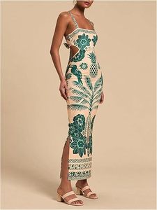 Women's Bow Tie Back <b>Split</b> Tropical Print A-Line Silhouette Slim Fit Polyester Woven Fabric Maxi <b>Dress</b> for Holiday Celebrations - Product Image 4