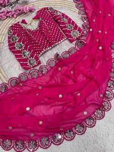 Exclusivo Saree de Georgette de Diseñador, Blusa Elegante, Estilo Étnico Moderno, Última Tendencia, Vestido de Novia Indio, Modesto, para Fiestas, para Mujeres y Niñas - Product Image 5