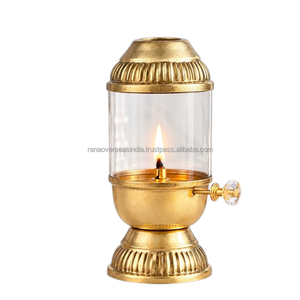Lámpara de aceite india tradicional decorativa de latón Akhand Diya con cámara de vidrio y perilla de mecha ajustable para decoración del hogar, templo o pooja. - Product Image 1