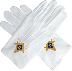 Guantes Masónicos Blancos 100% Algodón con Compás Cuadrado y Letra G Dorada - MBLG-4 Compás y Letra G Bordados - Product Image 4