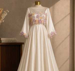 Ivory Satin Floral Applique Maxi Gown for Women Elegant Modest Evening <b>Dress</b> Premium 3D Flower Embroidered Long Sleeve Formal - Product Image 2