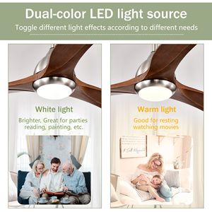 Ventilatore da Soffitto con Pale in Legno Massello da 52 Pollici, Luce, Telecomando, 6 Velocità, 3 Colori, Motore Silenzioso Reversibile per Patio e Soggiorno - Product Image 3