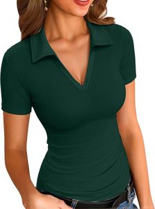 Polo de manga larga azul claro acanalado para mujer, top casual de punto liso, camisetas polo de longitud regular, venta al por mayor bajo demanda ODM - Product Image 5