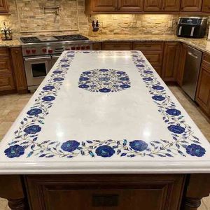 Comptoir d'îlot de cuisine en marbre de luxe – Plateau de table en marbre blanc fait main avec incrustation de pierre florale bleue - Product Image 1