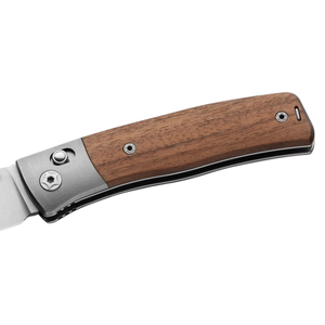 Couteaux de poche pliants à manche en bois brun foncé avec lame à bord lisse, poussoir métallique, clip de poche et design utilitaire portable - Product Image 6