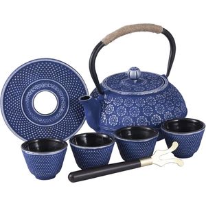 Blue Floral Cast Iron <b>Teapot</b> <b>Set</b> Japanese Style 28 oz Tea Kettle with 4 Stainless Steel Cups & Infuser Stove Top Brewing - Product Image 1