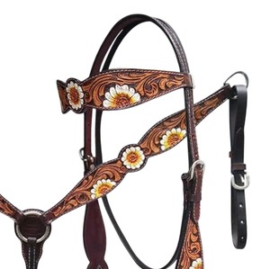 Ensemble de têtière, collier de poitrine et rênes pour cheval western en cuir repoussé de qualité supérieure – Équipement d'équitation - Product Image 2