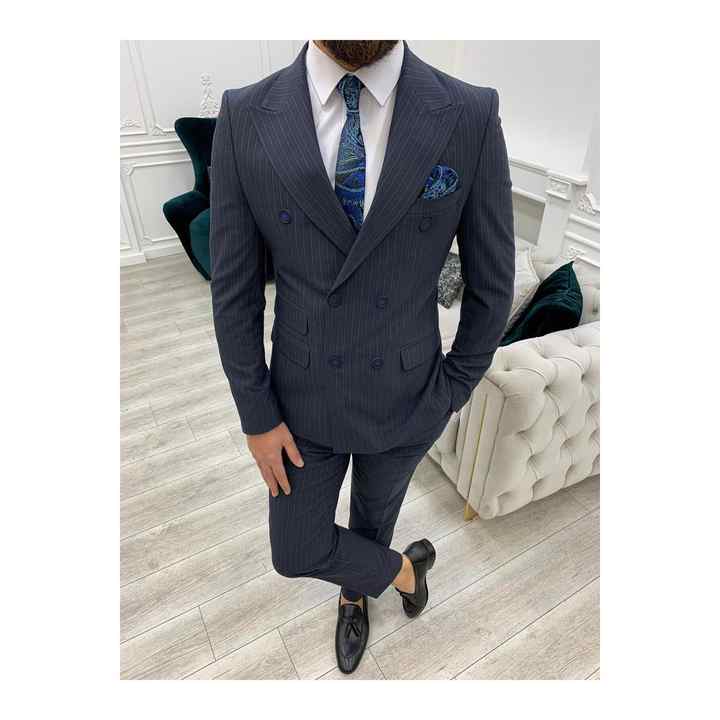Men's Striped Double Breasted Suit Italian Style Slim Fit Jacket Trousers - Navy Blue