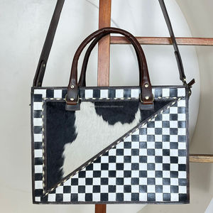 Custom Modern Design <b>Hand</b> Tooled Cowhide Leather Tote <b>Bag</b> Handcrafted Cowhide & Checkerboard Pattern Western Style Shoulder <b>Bags</b> - Product Image 4