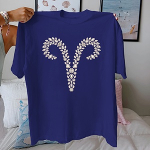 Camiseta de algodón 100% para mujer con estampado de punto informal y símbolo del zodiaco Aries, ajuste cómodo - Product Image 1