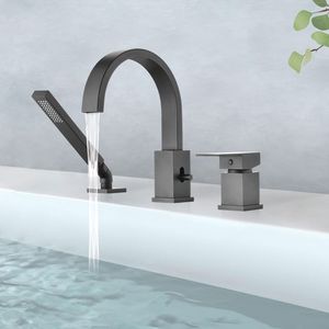 Set rubinetto vasca idromassaggio a 3 fori con doccetta e soffione a cascata, montaggio su piano, per bagno e doccia - Product Image 4