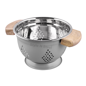 Stainless Steel <b>Colander</b> With Wooden Handles Durable Kitchen <b>Strainer</b> Hand Wash Only - Product Image 1