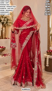 <b>Red</b> Silk <b>Saree</b> With Gold Embroidery And Dupatta For Wedding Traditional Indian Pakistani Women Floor Length Regular Fit - Product Image 2