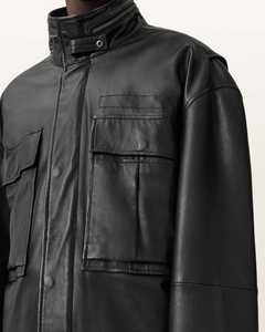 Veste en cuir véritable noire pour homme, col rabattu, fermeture éclair, coupe ample décontractée, pour l'automne - Product Image 4