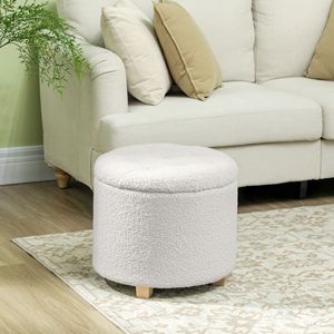 Pouf Rotondo in Tessuto Teddy da 18 Pollici con Bottoni Trapuntati, Contenitore e Gambe in Legno Bianco per Soggiorno e Corridoio - Product Image 2