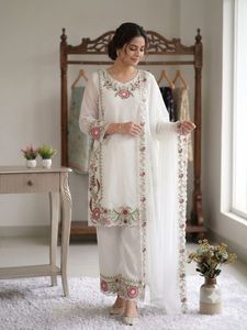 Blue Floral Design Suit New Designer Wedding Wear Faux Georgette Embroidery Work Top & Palazzo With Embroidery Work Dupatta - Product Image 3