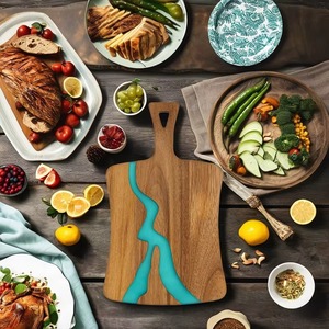 Wooden Chopping Board With Teal Resin Inlay Rectangle <b>Shape</b> Handle Design Natural Eco Friendly Cutting <b>Block</b> - Product Image 4