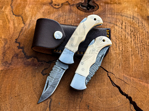 Handmade Damascus Steel Folding <b>Knife</b> Clip Point Blade Wood <b>Handle</b> Straight Edge 2-Piece Set Hunting <b>Knife</b> with Leather Sheath - Product Image 1