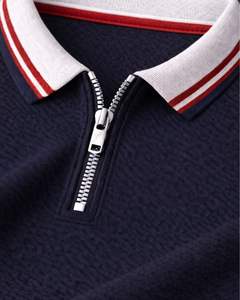 Polo de manga corta azul marino para hombre con cremallera de un cuarto, cuello acanalado en contraste, informal, para verano, mezcla de algodón, personalizado. - Product Image 6