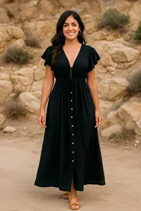 Vestido Largo Bohemio Negro para Mujer, de Algodón y Lino, Cuello en V, Manga Corta con Volantes, Cintura Ajustable con Cordón, Botones, Corte Holgado - Product Image 2