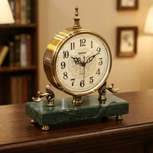Brass Desk <b>Clock</b> Circular Contemporary Design Silent Quartz Movement <b>Battery</b> Operated Needle Display Green Marble Base Snooze - Product Image 3