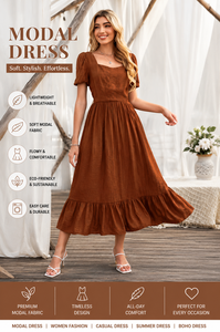 Vestido Midi de Lino y Algodón con Volantes, Mangas Abullonadas, Cintura Imperio, Estilo Bohemio, Transpirable, Fruncido, Marrón, Verano, Vintage, Venta al por Mayor - Product Image 5