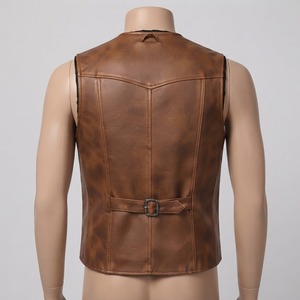 Gilet de motard en cuir véritable marron pour homme, col en V, simple boutonnage, poches avant - Product Image 5
