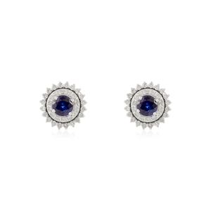 Nuevos y Elegantes Pendientes de Oro Blanco de 18K Originales con Zafiro Azul de 2mm y Diamantes en Forma Redonda, Doble Racimo, Regalo para el Día de la Madre - Product Image 1