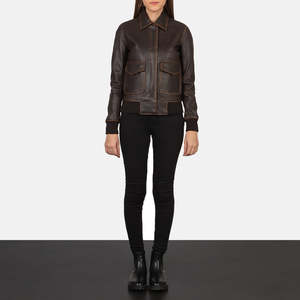 Chaqueta Bomber de Cuero Genuino para Mujer con Bolsillos Grandes, Cuello Camisero, Cierre de Cremallera, Color Sólido, Chaqueta para Otoño - Product Image 6