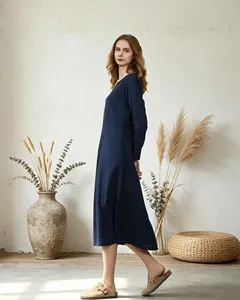 Robe midi élégante en coton et lin bleu marine, manches longues, col rond, style bohème, coupe ample, décontractée, à porter au quotidien - Product Image 2