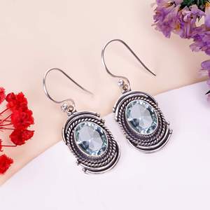 Handmade Aquamarine Oval Gemstone <b>Silver</b> Plated Alloy Women's Party Jewelry Bezel Setting Style Drop <b>Dangle</b> <b>Earrings</b> - Product Image 3