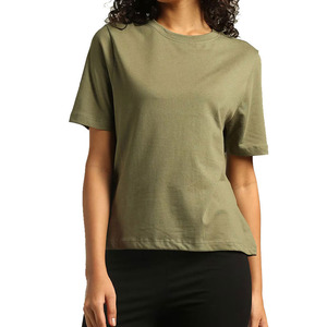 Women's Olive Green Short Sleeve Crew Neck crop Casual Solid Color Knitted 100% Cotton Regular Fit All Seasons - Product Image 1