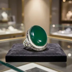 Bague en argent sterling 925 avec onyx vert naturel, faite à la main, vintage, ovale, cabochon, bijoux en pierres précieuses - Product Image 3