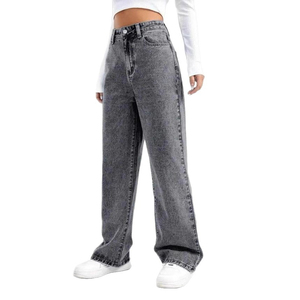 Pantalones Vaqueros de Cintura Alta y Pierna Ancha para Mujer, de Algodón Lavado, Estilo Casual, Holgados, Color Gris, Estilo Otoñal - Product Image 4