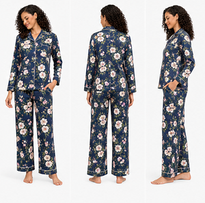 Ensemble de pyjama en coton à imprimé floral, robe de nuit à manches longues, haut de détente, pantalon large pour femme, designs personnalisés, ODM, marques privées, tout - Product Image 3