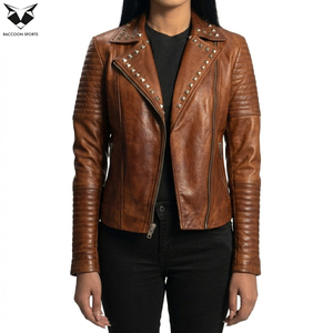 Custom Women's Vintage Ribbed Sleeves Slim Fit Design Distressed Brown Handmade Studded <b>Sheep</b> <b>Skin</b> Lightweight <b>Jackets</b> Wholesale - Product Image 3