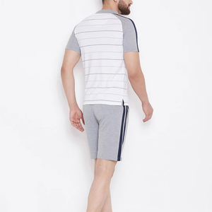 Men's Striped <b>Polo</b> T-Shirt Set Gray <b>White</b> Breathable Knitted Casual Summer Sportswear Shorts Set - Product Image 2