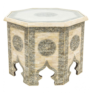 Mesa Auxiliar de Latón Marroquí Antigua Hecha a Mano con Base de Madera Plegable con Incrustaciones, Diseño Islámico, Mesa de Centro para Café - Product Image 4