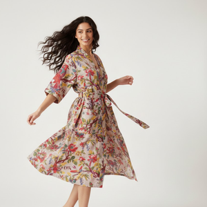 ชุดนอนคิโมโนผ้าฝ้ายทอมือรักษ์โลก คอวี แขนยาว ลายพิมพ์นกป่า สำหรับผู้หญิง ชุดคลุมยาวหรูหรา ยั่งยืนได้ - Product Image 5